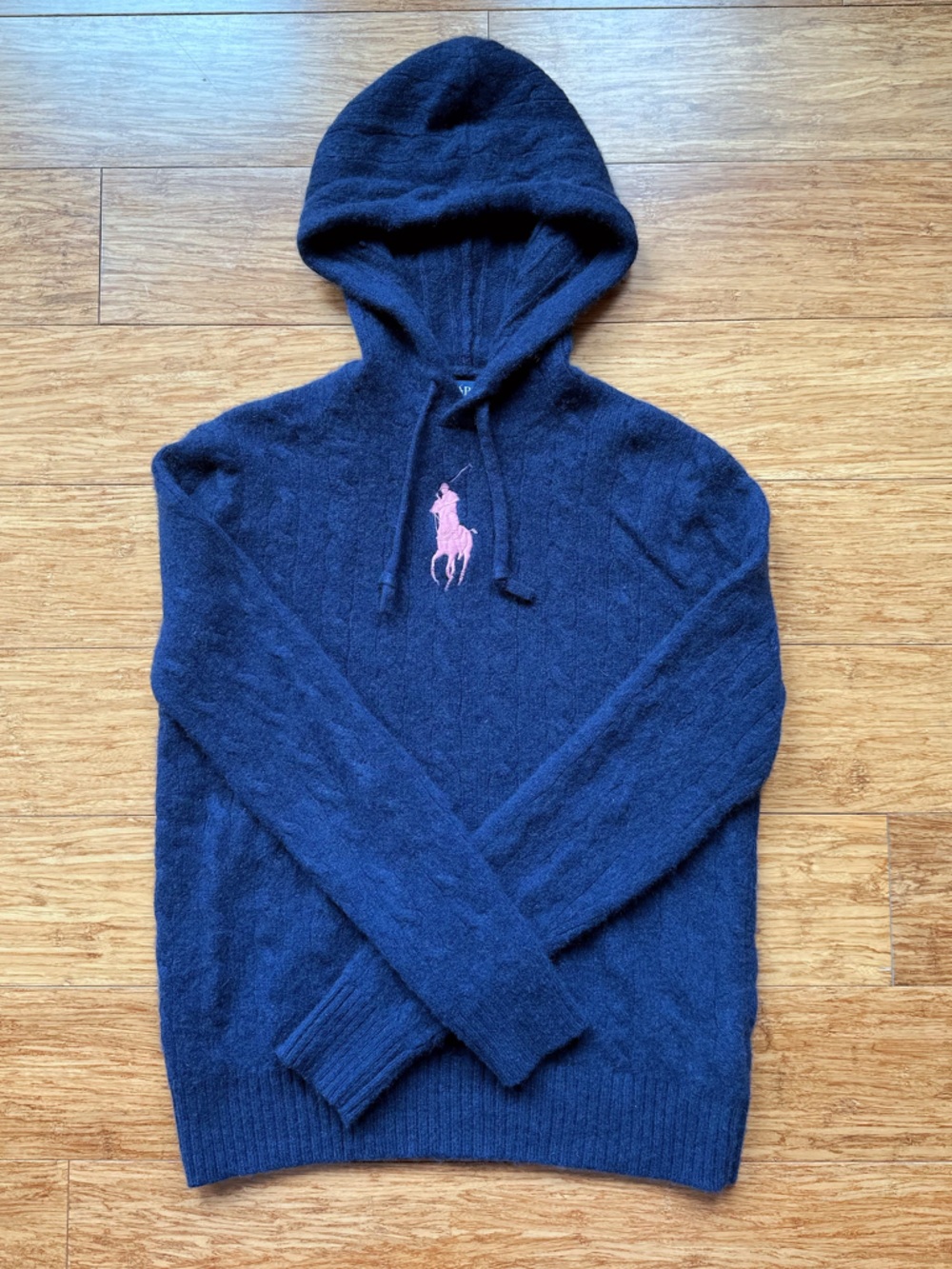 Ralph Lauren Pink Pony Cashmere Hoodie Navy Women’s Size S Luxury Knit Sweater